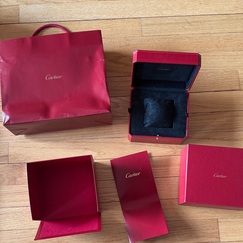 Cartier box, bag, and receipt envelope